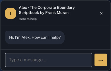 Frank Muran's dark chat widget, showing Alex's greeting and an empty message field.
