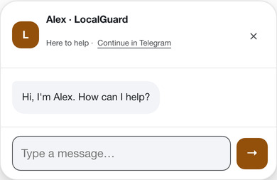 LocalGuard's light chat widget, showing Alex's greeting and an empty message field.